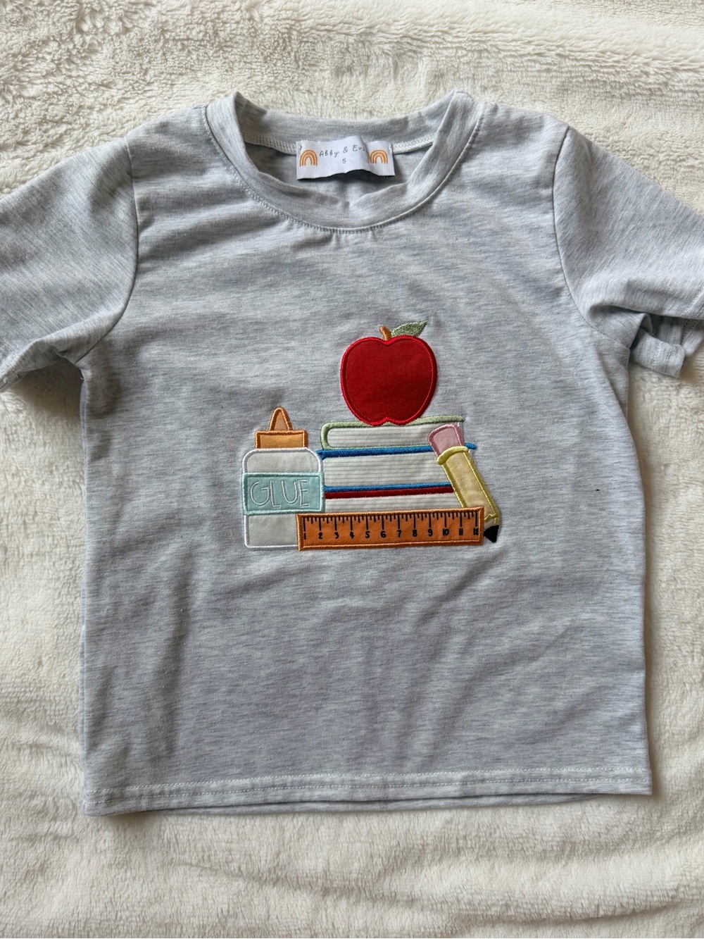 Abby & Evie Kids Short Sleeve Tee with School Applique - Size 5